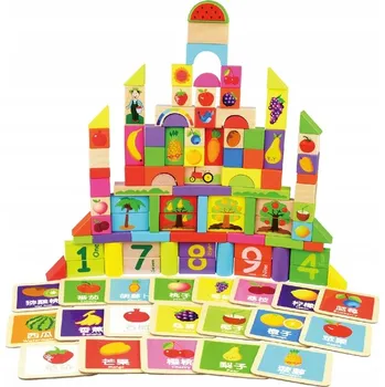 Dřevěná hračka SADA BAREVNÝCH DŘEVĚNÝCH STAVEBNICE 110ks TŘÍDIČ OBRÁZKY ČÍSLICE OVOCE TQ1603