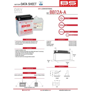 Motobaterie BS akumulátor BB12A-A (YB12A-A) 12V 12AH 134X81X160 obsluhovaný - elektrolyt zvlášť (155A) (4) UE2019/1148 (BS akumulátor BB12A-A (YB12A-A) 12V 12AH 134X81X160 obsluhovaný - elektrolyt zvlášť (155A) (4) UE2019/1148)