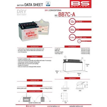 Motobaterie BS akumulátor BB7C-A (YB7C-A) 130X90X114 obsluhovaný - elektrolyt zvlášť (85A) (6) UE2019/1148 (BS akumulátor BB7C-A (YB7C-A) 130X90X114 obsluhovaný - elektrolyt zvlášť (85A) (6) UE2019/1148)