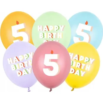 Balónek Balónky "Číslice 5 - Všechno nejlepší k narozeninám", pastelová směs, PartyDeco, 12", 6 ks