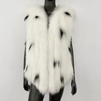 Dámská vesta kožešinová vesta z liščí kožešiny – elegantní bez rukávů Velikost: ONE SIZE, Barva (Varianta): White black dot