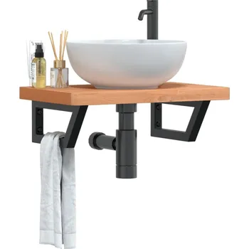 Koupelnový nábytek Deska pod umyvadlo nástěnná ocel a masivní bukové dřevo Hnědá3302379