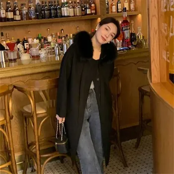 Dámský kabát oboustranný kašmírový kabát – zimní model s kapucí a kožešinou Barva: Černá, Velikost: S