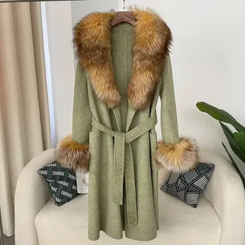 Dámský kabát kabát z liščí kožešiny – dlouhý zimní model Velikost: S, Barva (Varianta): Světle zelená