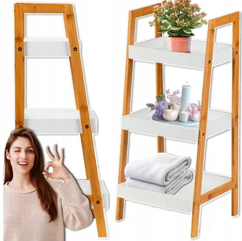 regál REGAŁ DRABINKA 3 PÓŁKI PŘÍRODNÍ DŘEVĚNÝ BÍLÝ BAMBUSOVÝ REGÁL POLICE SKŘÍŇKA NA HRAČKY