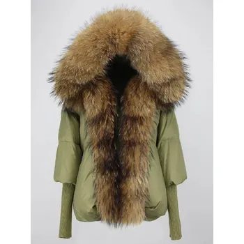 Dámská parka zimní péřová bunda s kapucí – oversize s límcem z liščí kožešiny Velikost: S, Barva (Varianta): green natural