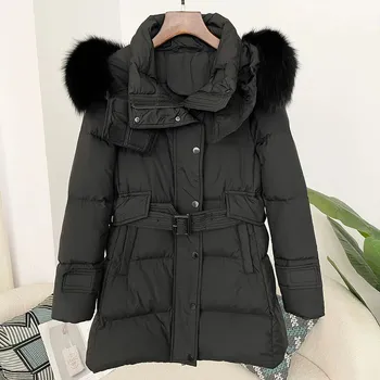 Dámská parka zimní bunda s páskem – s kapucí z pravé kožešiny Velikost: S, Barva (Varianta): Full black