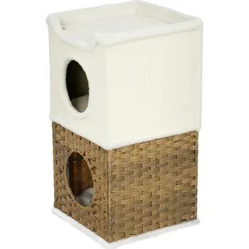 Pelíšek pro kočku PawHut Škrabadlo pro kočky 75,5 cm vysoké, třípatrové s plyšovým okrajem, polštář, kočičí jeskyně, škrabadlo pro střední kočky, krémově bílá