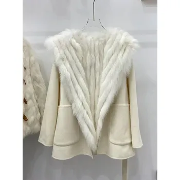 Dámský kabát kabát z ovčí vlny – s kožešinovou podšívkou Barva: Béžová, Velikost: M