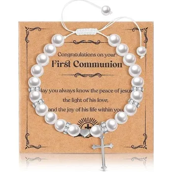 Náramek Sinmoe První přijímání Dárky pro dívky Perlový náramek s křížem a srdcem ke křtu Nastavitelný