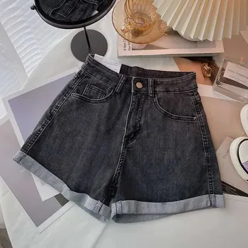 džínové šortky – áčkový střih s vysokým pasem Barva: Šedá, Velikost: M