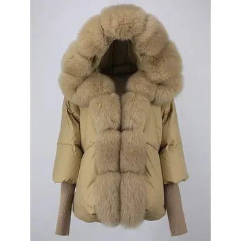 Dámská parka zimní péřová bunda s kapucí – oversize s límcem z liščí kožešiny Velikost: M, Barva (Varianta): full camel