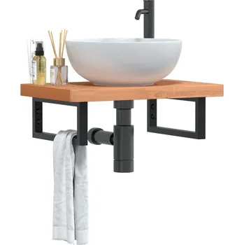 Koupelnový nábytek Deska pod umyvadlo nástěnná ocel a masivní bukové dřevo Hnědá3302377