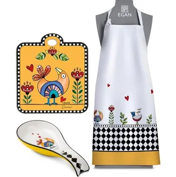Kuchyňská zástěra EGAN Dárková sada z kolekce Cocoricò – Žlutá (zástěra, podložka pod hrnec a odkládací miska na vařečku)