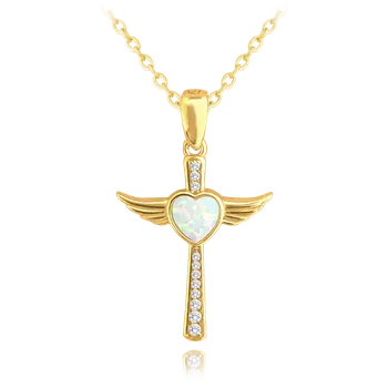 Náhrdelník Pozlacený stříbrný náhrdelník - křížek se zirkony a srdíčkem z bílého opálu