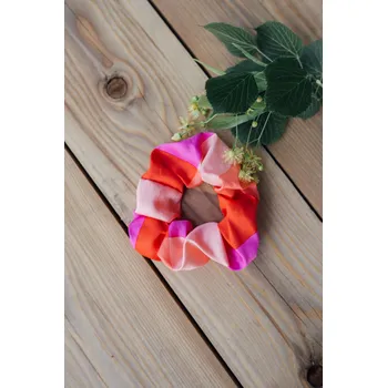 Bavlněná gumička scrunchie oranžovo - růžové kostky