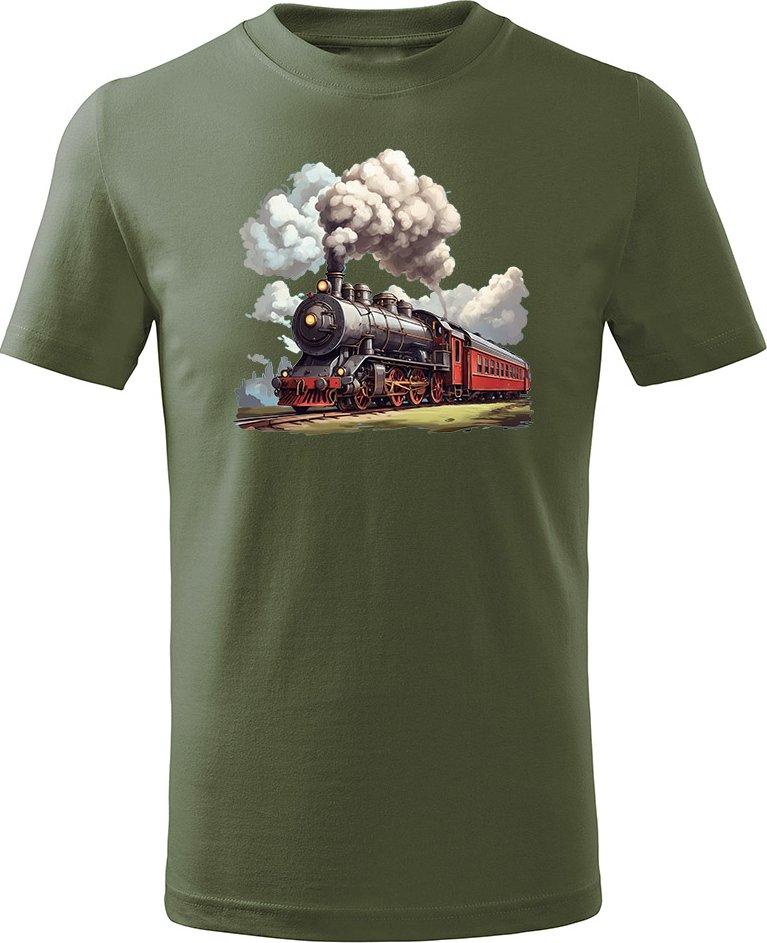 Dětské bavlněné tričko s potiskem - vzor 0062 - khaki / vlak 122