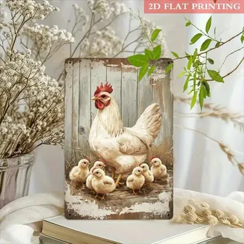 Plechová cedule BAF Kovová vintage nástěnná cedule Kuřátka s maminkou 20 x 30 cm