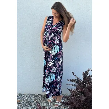 Těhotenské šaty Mama L'amour Dlouhé těhotenské a kojící šaty 3v1 Annie modré s barevnými listy Velikost: XL