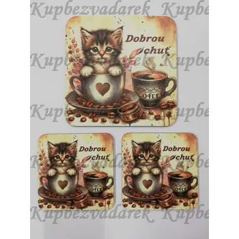 Podtácek - Kočička s kávičkou s českým nápisem Velikost: čtverec 15cm + 2x čtverec 15cm