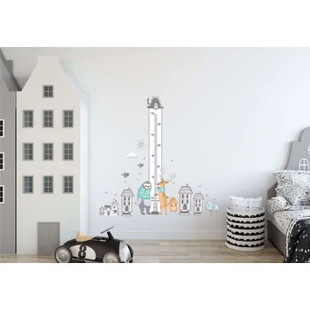 Dekorace do dětského pokoje Metr na stěnu - Les, domečky a zvířátka