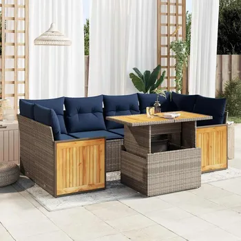 7dílná zahradní sestava s poduškami šedá polyratan akácie Šedá3327680