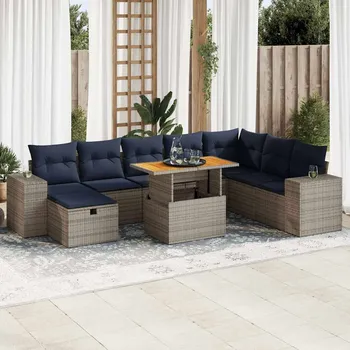 9dílná zahradní sestava s poduškami šedá polyratan akácie Šedá3328104