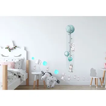 Dekorace do dětského pokoje Metr na stěnu - Králíček a balónky Modrá