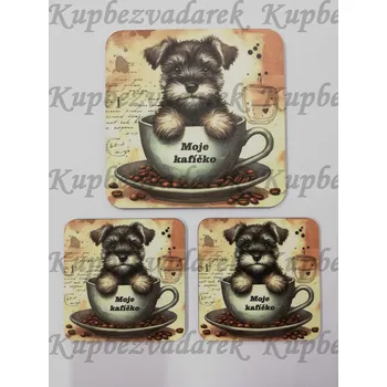 Podtácek - Pejsek s kávičkou s českým nápisem Velikost: čtverec 15cm + 2x čtverec 15cm