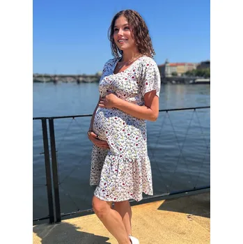 Těhotenské šaty Mama L'amour Těhotenské a kojící šaty 3v1 Audrey bílé ecru s kvítky Velikost: S