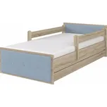 Dětská postel Max Čalouněná 160x80 cm - Dub Sonoma - 1x krátká + 1x dlouhá zábrana se šuplíkem - čalounění Modrá