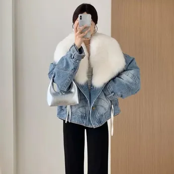 Dámská parka krátká bunda z liščí kožešiny – na zimu s límcem Barva: Bílá, Velikost: S