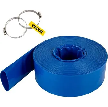 Zahradní hadice Výtlačná hadice VEVOR, 76 mm x 32 m, plochá PVC hadice, odolná proti zpětnému proplachu se svorkami, odolná vůči povětrnostním vlivům a prasknutí, ideální pro bazény a přečerpávání vody, modrá