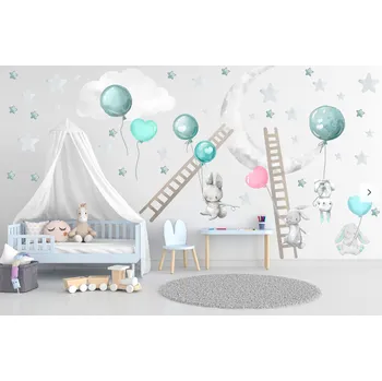 Samolepící dekorace Králíčci, balónky, žebříky a měsíček Tyrkysová - M