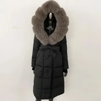 Dámská parka zimní péřová bunda s kapucí – dlouhá s pravou kožešinou Velikost: M, Barva (Varianta): Black mocha