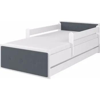 Dětská postel Dětská postel Max XL Čalouněná 180x90 cm - Bílá - 2x krátká zábrana bez šuplíku - čalounění Šedá