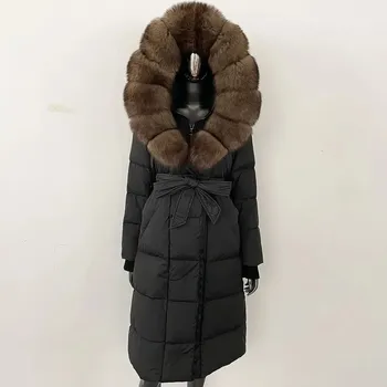 Dámská parka zimní péřová bunda s kapucí – dlouhá s pravou kožešinou Velikost: L, Barva (Varianta): Black zidiao