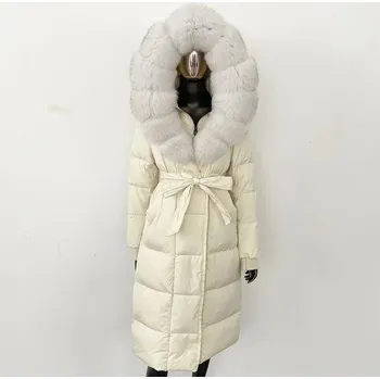 Dámská parka zimní péřová bunda s kapucí – dlouhá s pravou kožešinou Velikost: S, Barva (Varianta): Beige Bílá