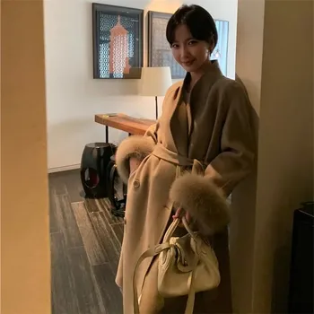 Dámský kabát Best Fashion Dámský kašmírový kabát s liščí kožešinou Grey green S