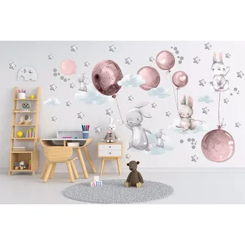 Samolepící dekorace Králíčci, balonky, mráčky a hvězdičky Růžová - L