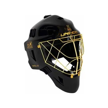 Florbalová maska Unihoc ALPHA PRIME EVOLAB black/gold Brankářská maska černá / zlatá, Senior - 52 cm a více, zlatá
