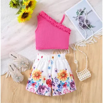 Dívčí letní set - kraťasy a top s květinovým vzorem Barva: růžovo červená, Velikost: 100 (2-3 roky)