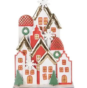 Vánoce Bílo-červená kovová dekorace domky se sněhovými vločkami - 30*8*46 cm