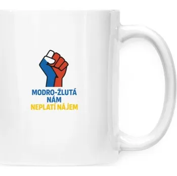 Hrnek malý bílý s potiskem MODRO ŽLUTÁ NÁM NEPLATÍ NÁJEM