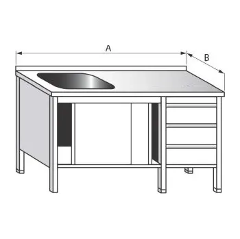 Dílenský stůl PMN - Výroba nerezového zařízení s.r.o. Nerezový stůl s dřezem, šuplík. boxem a posuvnými dvířky 1800 x 600 x 900 mm