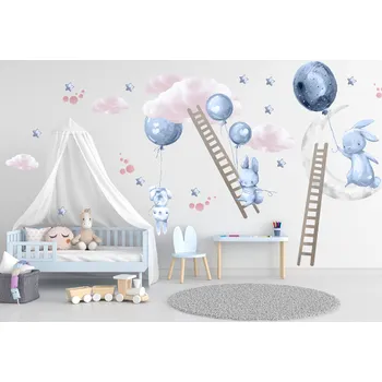 Samolepící dekorace Králíčci, balónky, žebříky a měsíček Modrá - M