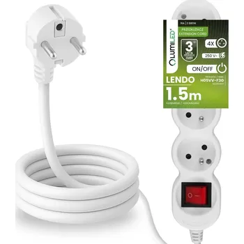 Napájecí kabel prodlužovací kabel Sieciowy Kabel z Uziemieniem Listwa Zasilająca 4 Zásuvky 1.5m Vypínač ON/OFF Bílý Sznur Lendo Lumiled