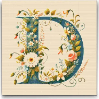 Diamantové malování Diamantové malování - Písmeno D - Květinový vzor Velikost: 50x50cm, Rámování: Pouze srolované plátno, Diamanty: Čtvercové