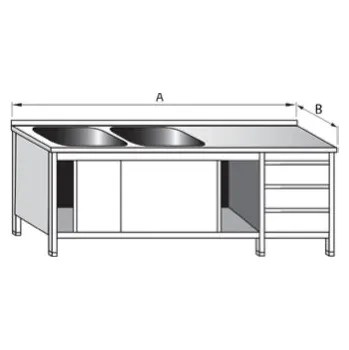Dílenský stůl PMN - Výroba nerezového zařízení s.r.o. Mycí stůl dvoudřezový se zásuvkovým boxem skříňový 1800 x 700 x 900 mm (dřez 500 x 500 x 300 mm)