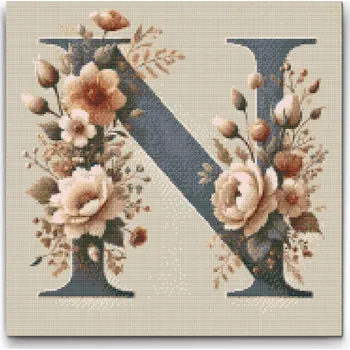 Diamantové malování Diamantové malování - Písmeno N - Květinový vzor Velikost: 50x50cm, Rámování: Pouze srolované plátno, Diamanty: Čtvercové